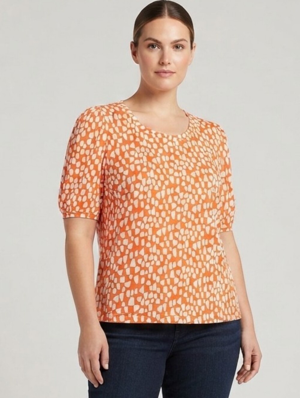 Chico's Orange White Geometric Print Short Sleeve Tee Size XL - UGC